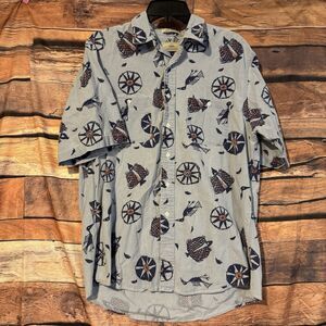 Cotton Brothers Shirt Men’s Blue Hieroglyphics Button Up Short Sleeve Mayan USA